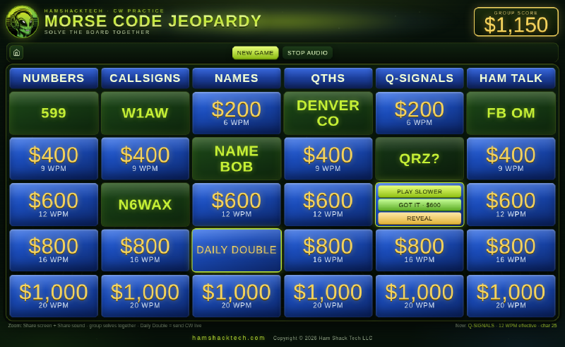 Morse Code Jeopardy mid-game: some tiles solved, one Daily Double showing, and a Q-Signals tile in play