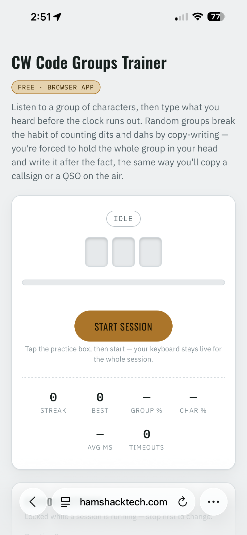 The CW Code Groups Trainer, ready for a session