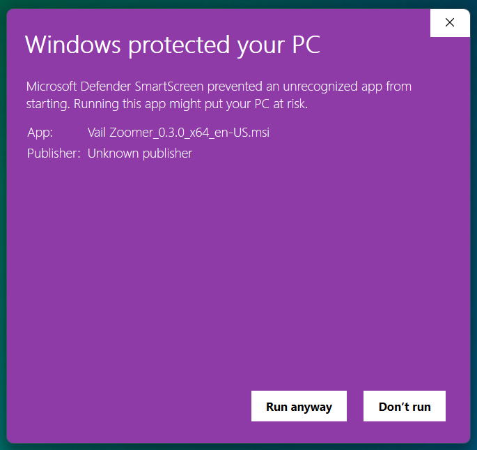Windows SmartScreen warning