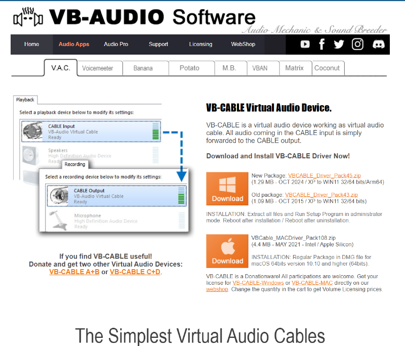 VB-Audio Software download page