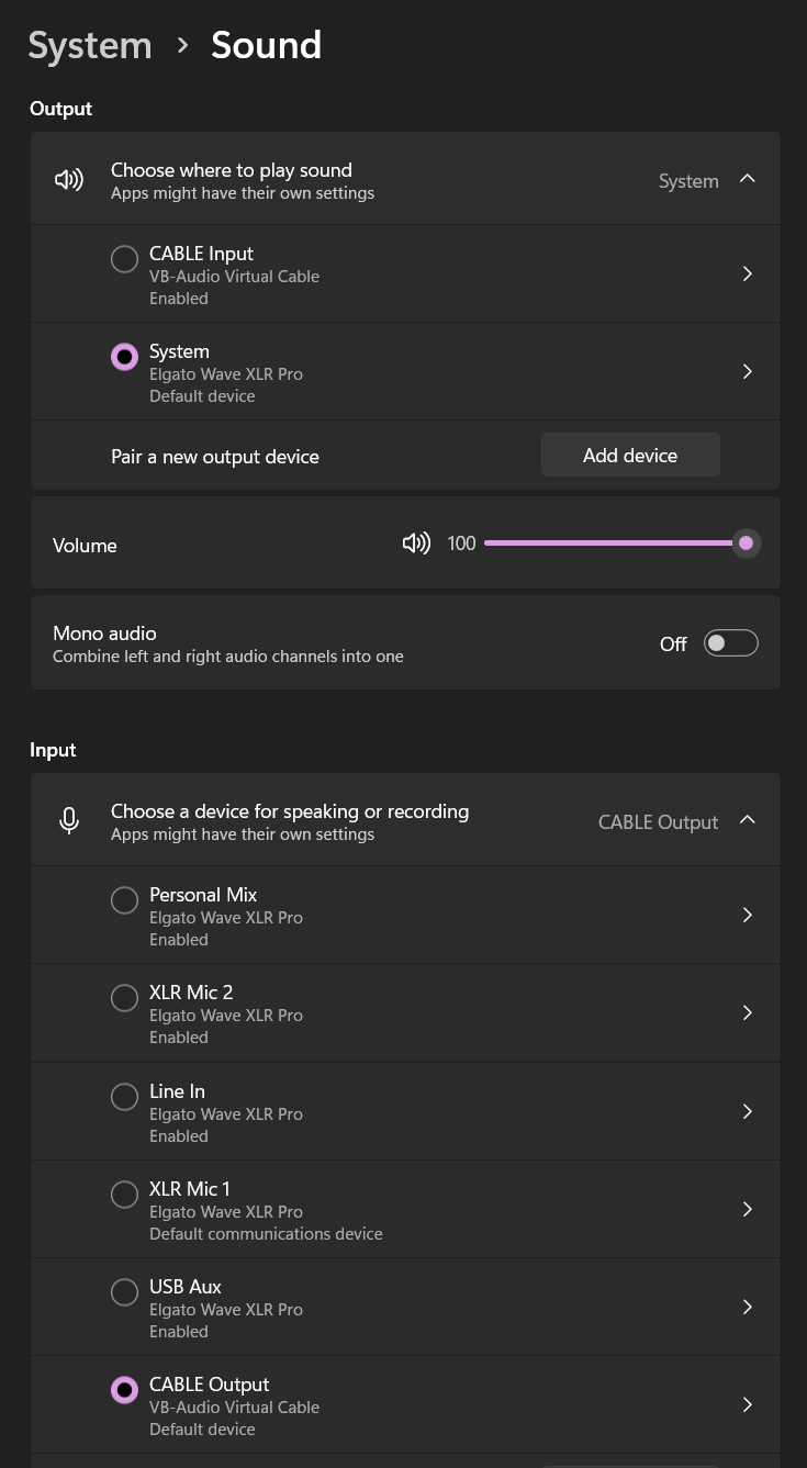Windows Sound settings showing CABLE Output selected