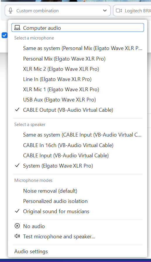 Zoom’s audio device menu with CABLE Output selected