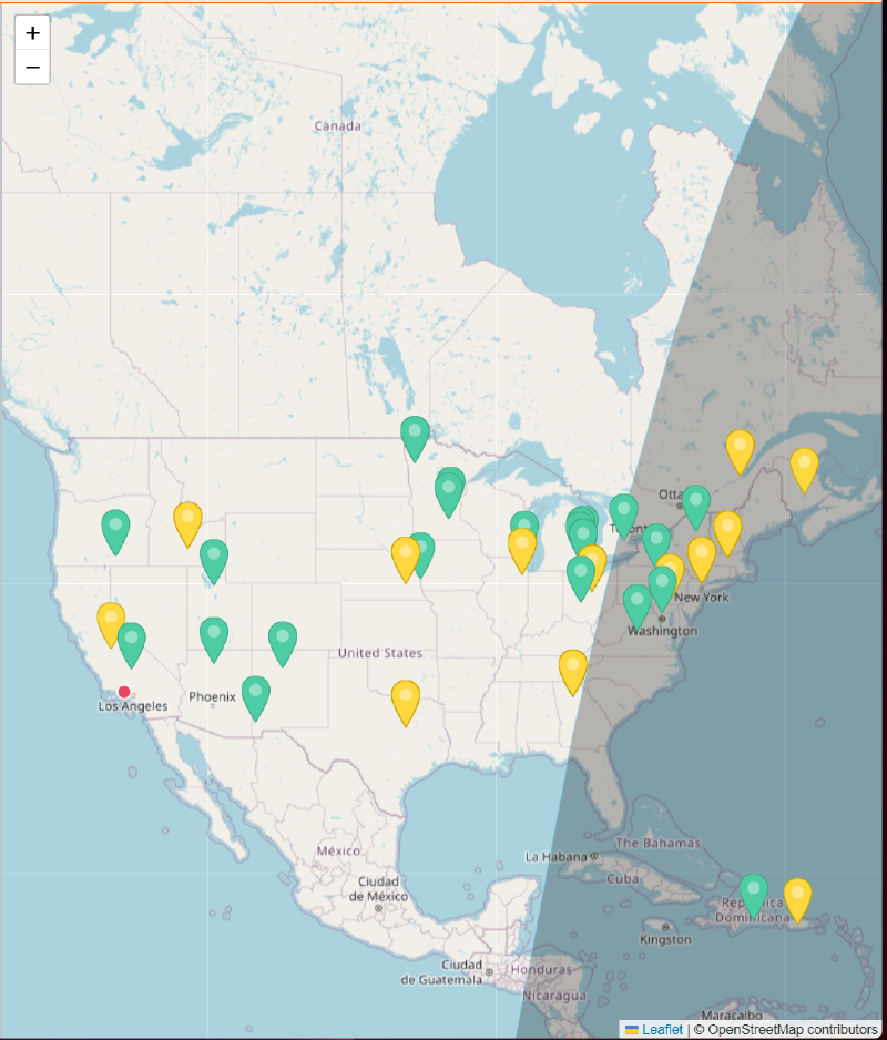 POTACAT’s map view, showing color-coded spot markers scattered across North America and the Caribbean