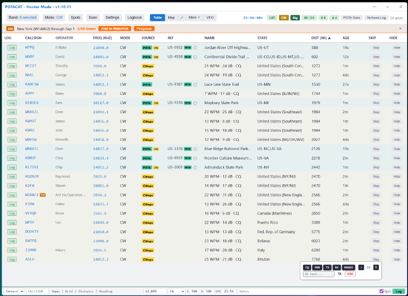 POTACAT’s spot table filtered to CW mode only, with sending speed in WPM listed next to each CQ so a hunter can pick a comfortable pace